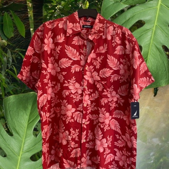 Tropical Linen Hawaiian Shirt Island Hibiscus Luau Print Pattern Nautica Large - Picture 13 of 16